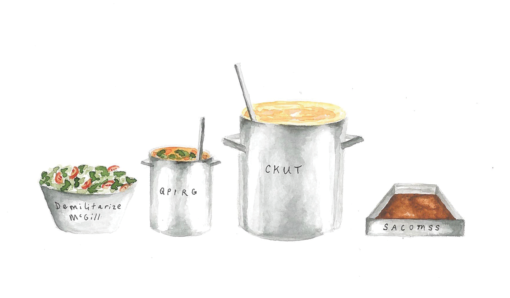 Artist: Alissa Zilberchteine / McGill Tribune;  Article:  Liz Willcock / Politics in the Kitchen: The History of Midnight Kitchen’s Political Mandate